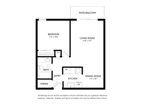 Floor plan for 1 bed, 1 bath, 610 sqft